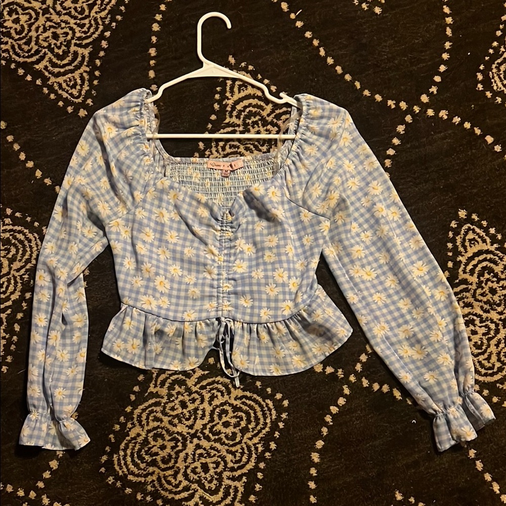 Crave Fame Blue and Yellow Puff Sleeve Crop Blouse